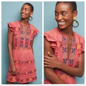 Love Sam Anthropologie Zinnia Coral Pink Embroidered Mini Dress